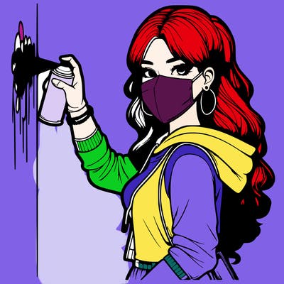 realistic girl with mask spray painting a wall