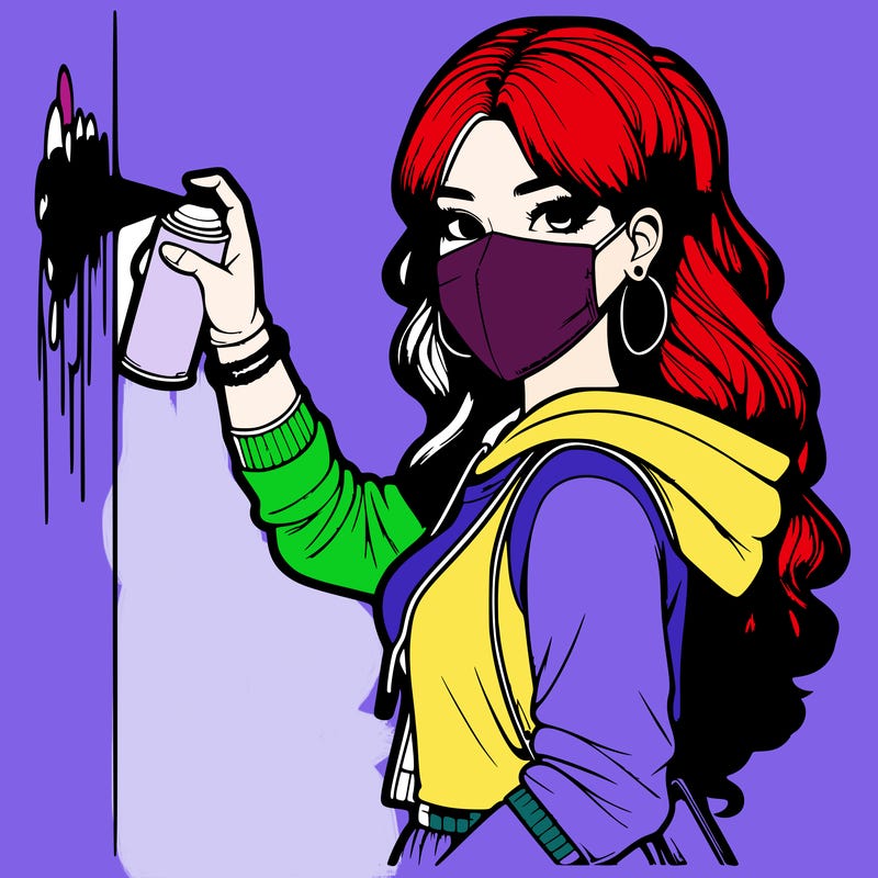 realistic girl with mask spray painting a wall