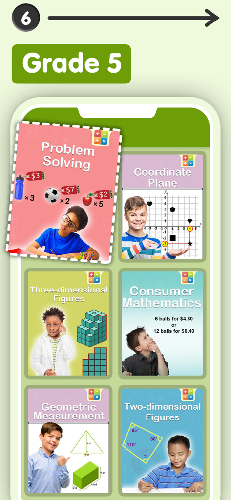 Smart Kidz Club app interface showing Grade 5 math lessons including problem solving and geometry.