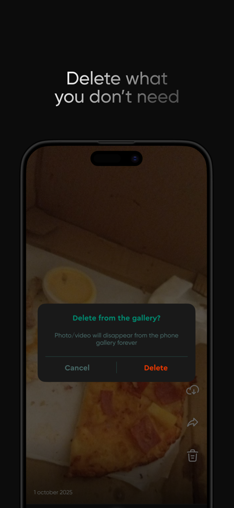 MonClips 앱 인터페이스는 갤러리 사진에 대한 삭제 확인 팝업을 보여줍니다