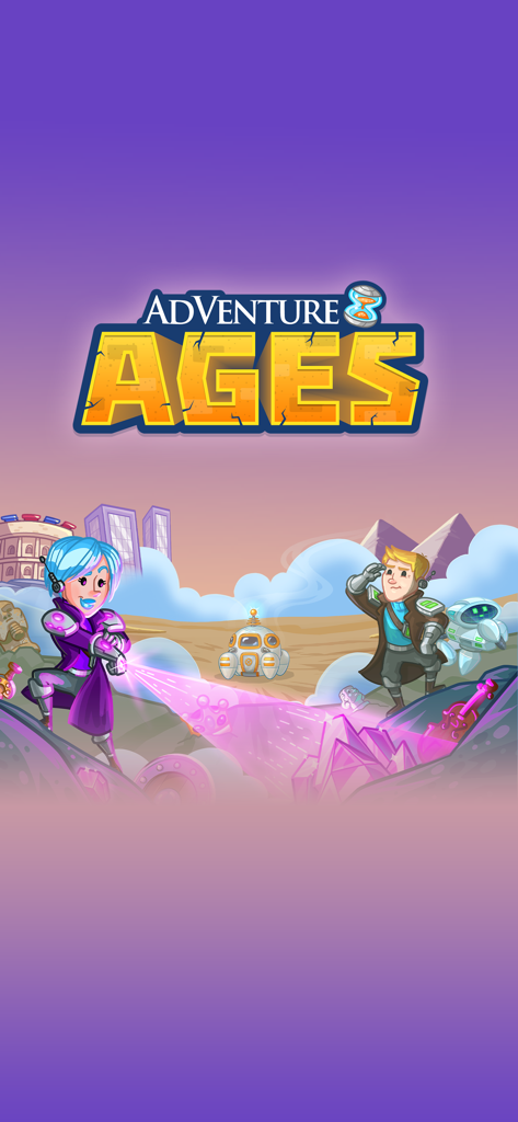Pantalla del título del juego AdVenture Ages con agentes futuristas y monumentos históricos