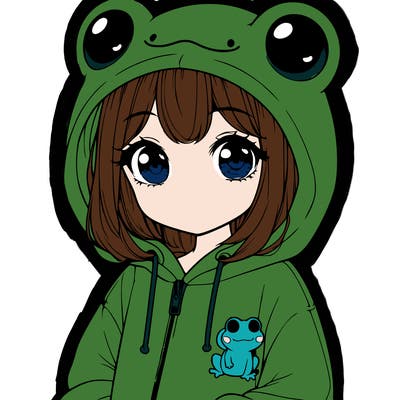 cute realistic girl in a froggy hoodie