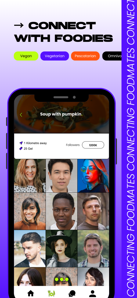 Tasteit: Connecting Foodmates - Mobile screen of Tasteit app showing dietary filters and a grid of potential foodmates