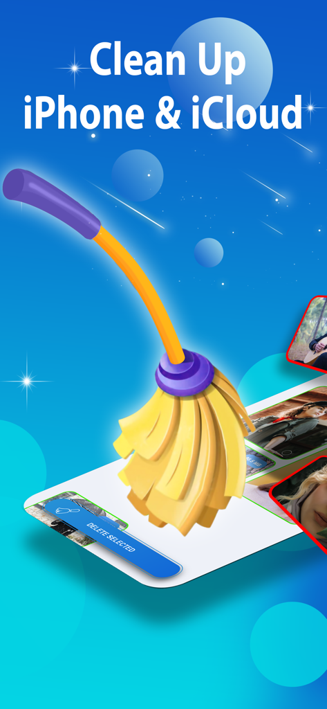 A broom cleaning up photo clutter on an iPhone and iCloud interface