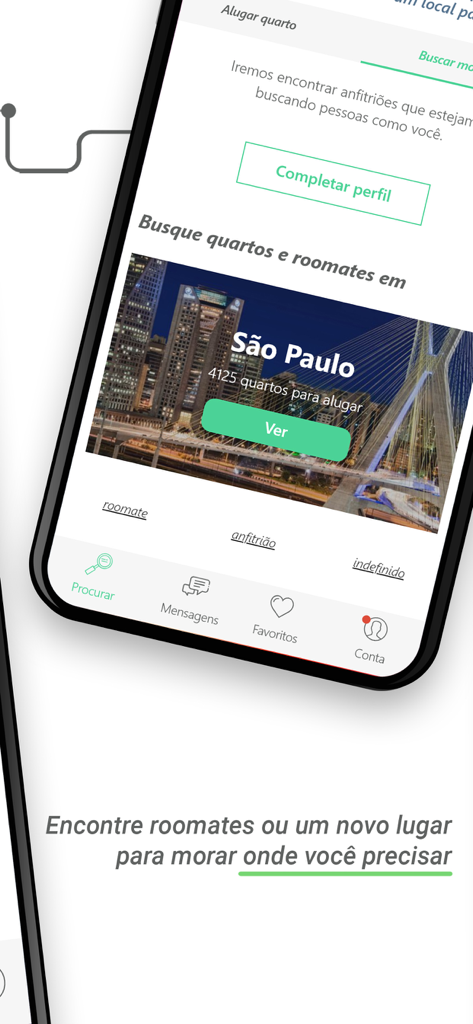Interface de l'application WebQuarto montrant une recherche de chambre pour São Paulo avec navigation pour les messages et les favoris