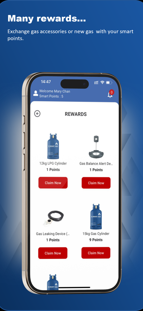 Screenshot of the D Smart Gaz app rewards section listing LPG cylinders and gas safety devices claimable with points