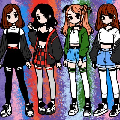 one girl with crop-top shirt and a jacket with a skirt, long socks and another girl with a shirt and pants with a jacket