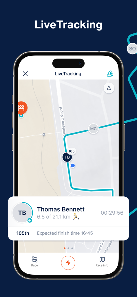 DMRR - Smartphone interface of the DMRR app showing live tracking for a runner on a map