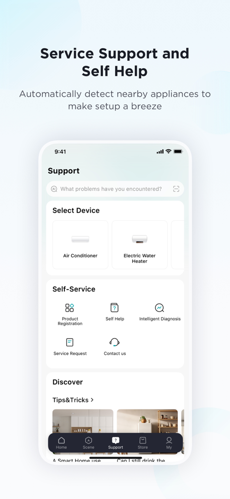 SmartHome app support screen showing self-service options and device troubleshooting for appliances