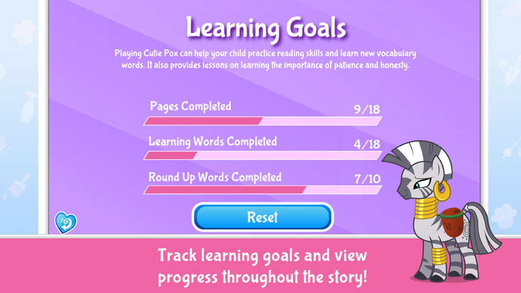My Little Pony: Cutie Pox - Pantalla de seguimiento de objetivos y progreso de aprendizaje con Zecora de My Little Pony