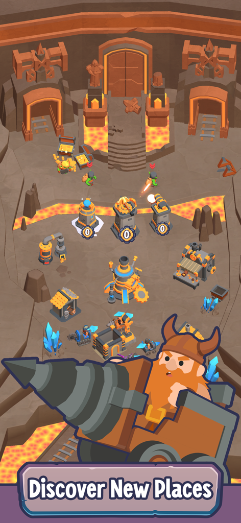 Dwarf Kingdom - Idle Survival - A dwarf character in a drilling machine exploring a volcanic underground kingdom with various mining structures and defense towers.