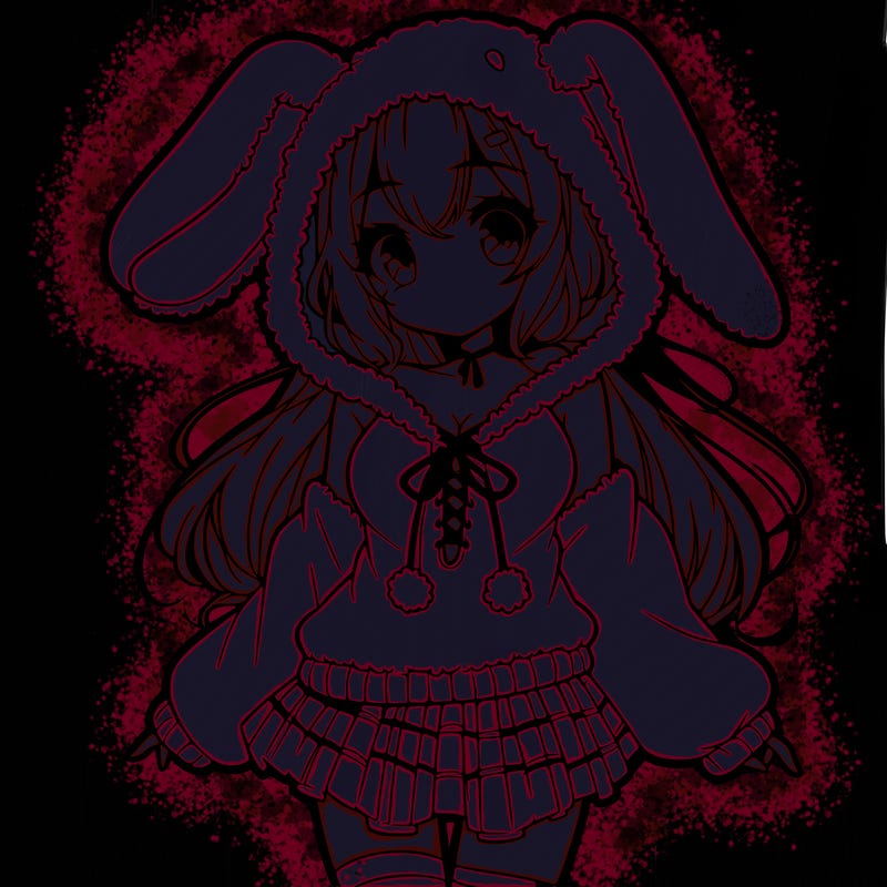 pretty anime girl wearing a fluffy hoodie with bunny ears on the hood and a skirt