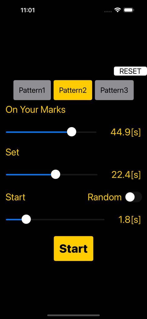 Start Practice ~Track&Field~ - Interface for adjusting time intervals of On Your Marks Set and Start commands in a track and field training app
