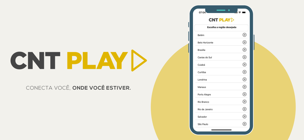 CNT Play - Interfaz de la aplicación CNT Play mostrando una lista de ciudades brasileñas para la transmisión de televisión en vivo