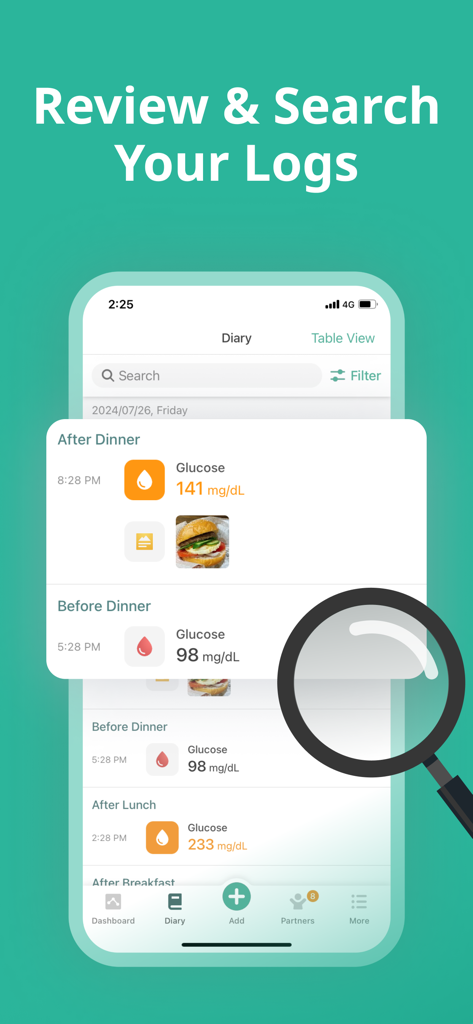 Health2Sync app diary showing blood glucose readings and food photos with a search bar