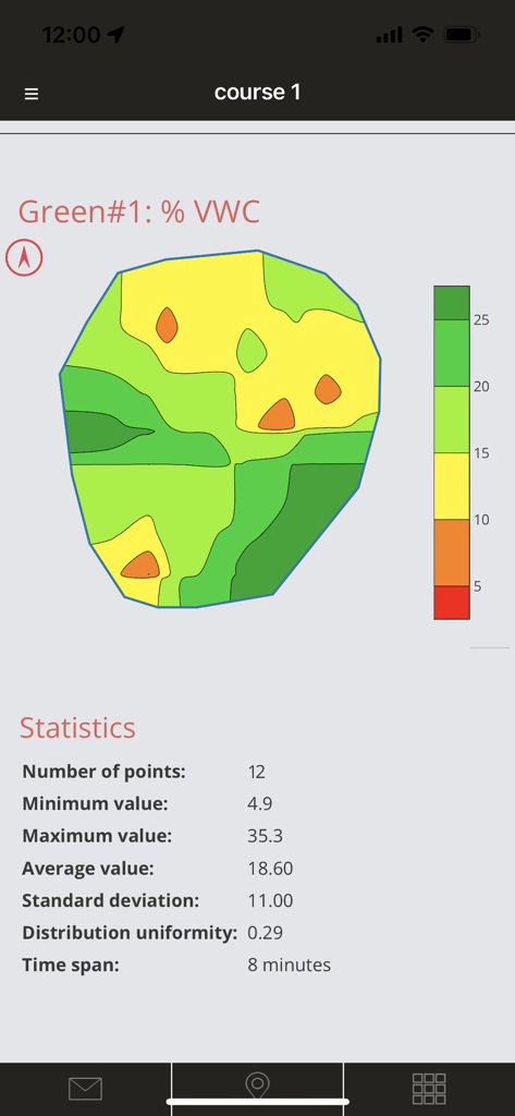 Un mapa de calor de humedad del suelo codificado por colores que muestra los niveles de humedad en un green de campo de golf con estadísticas detalladas.