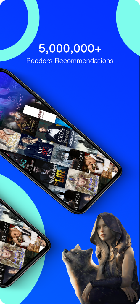 Dolphin Reader - Promotional screen for Dolphin Reader app showing various romance and fantasy book covers with text indicating over 5 million reader recommendations.