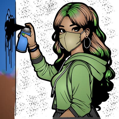 realistic girl with mask spray painting a wall