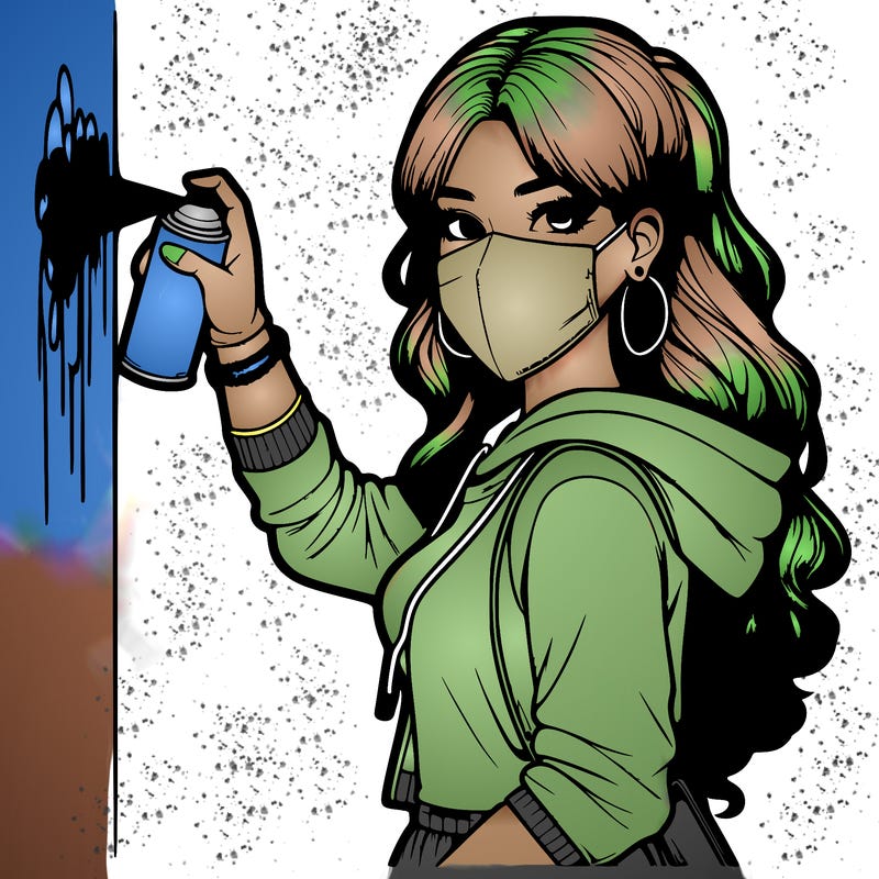 realistic girl with mask spray painting a wall