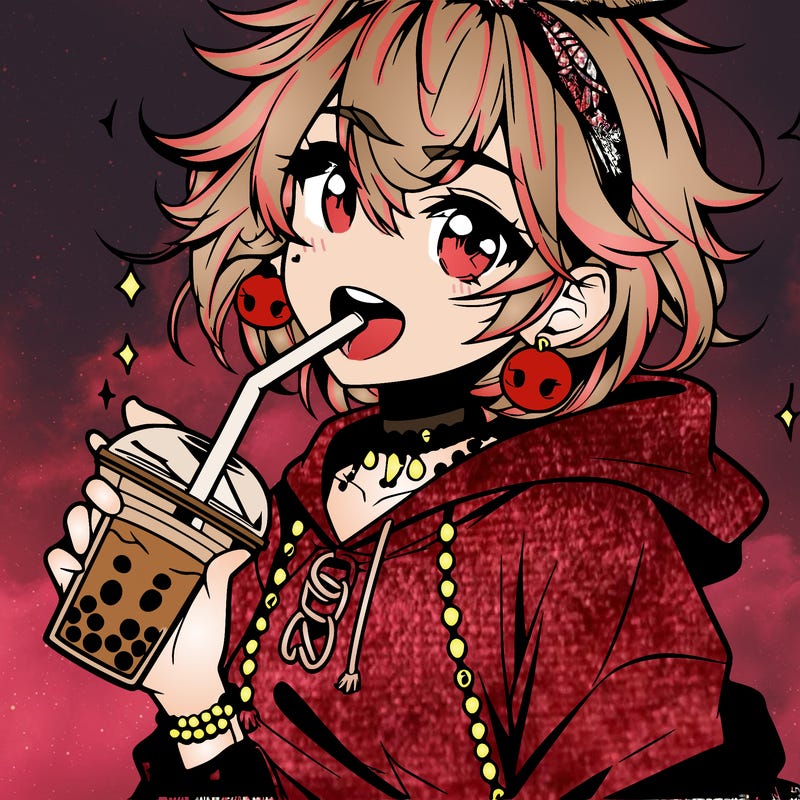 hot baddie anime girl drinking boba and biting the straw