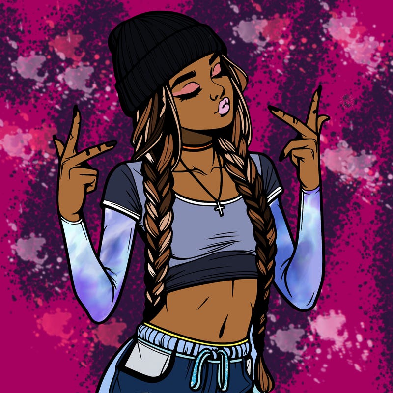 realistic teenage girl with braids and a beanie and crop top doing 🫶🏼