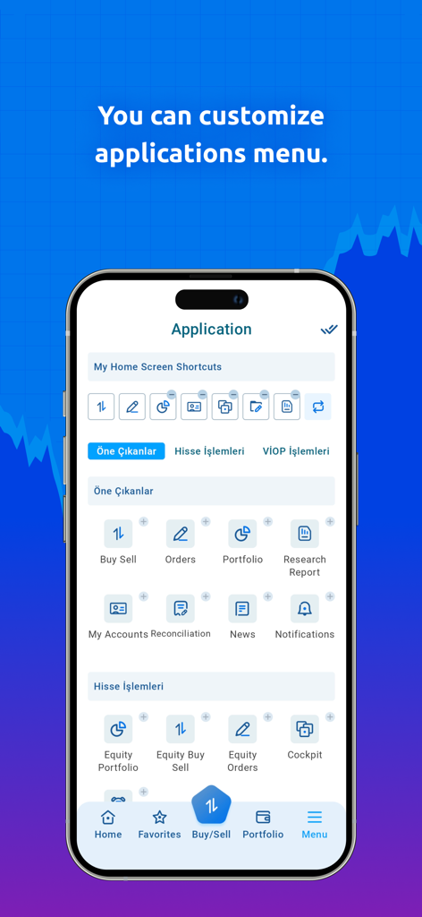 Menu di personalizzazione delle scorciatoie della schermata principale dell'app N Kolay Trader