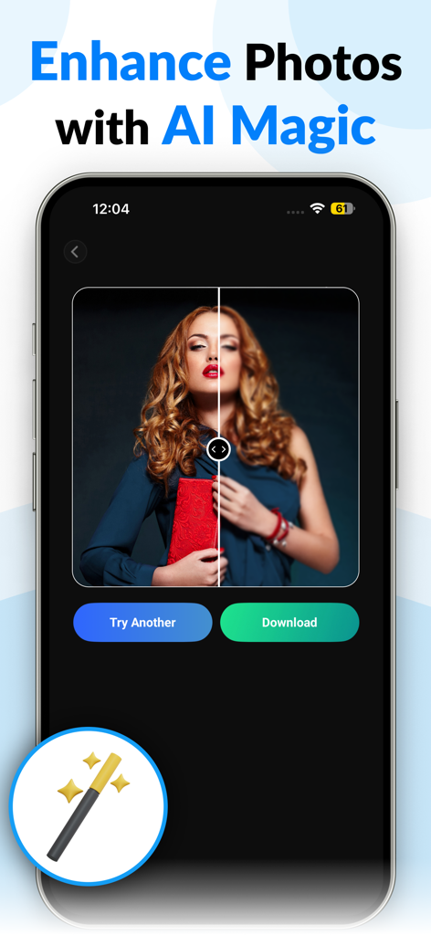 CleanerZ: Clean Phone Storage - Una interfaz de teléfono inteligente que muestra una comparación de antes y después de una foto mejorada con tecnología de IA