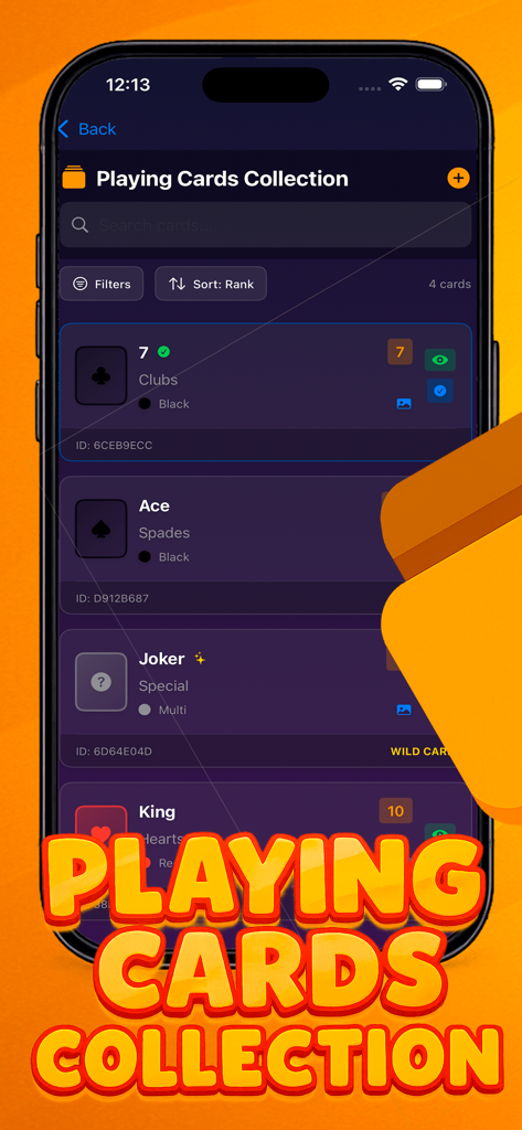 Tabletop Themes Managing - Interface showing a digital playing cards collection list within the Tabletop Themes Managing app