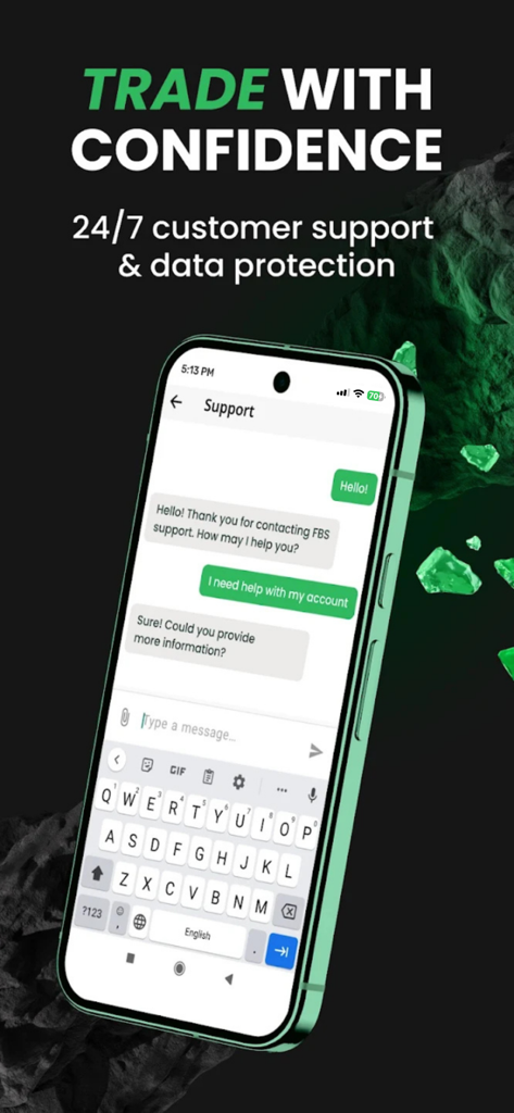 Kato Prime LTD - Un teléfono móvil que muestra la interfaz de chat de atención al cliente 24/7 de la aplicación de trading Kato Prime