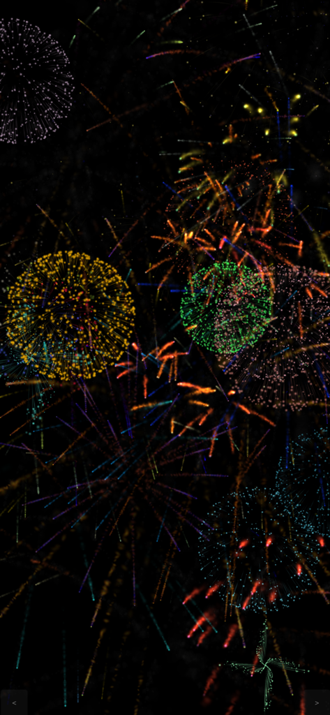 어린이를 위한 감각 앱에서 어두운 배경 위로 터지는 생동감 넘치는 멀티 색상의 불꽃놀이.