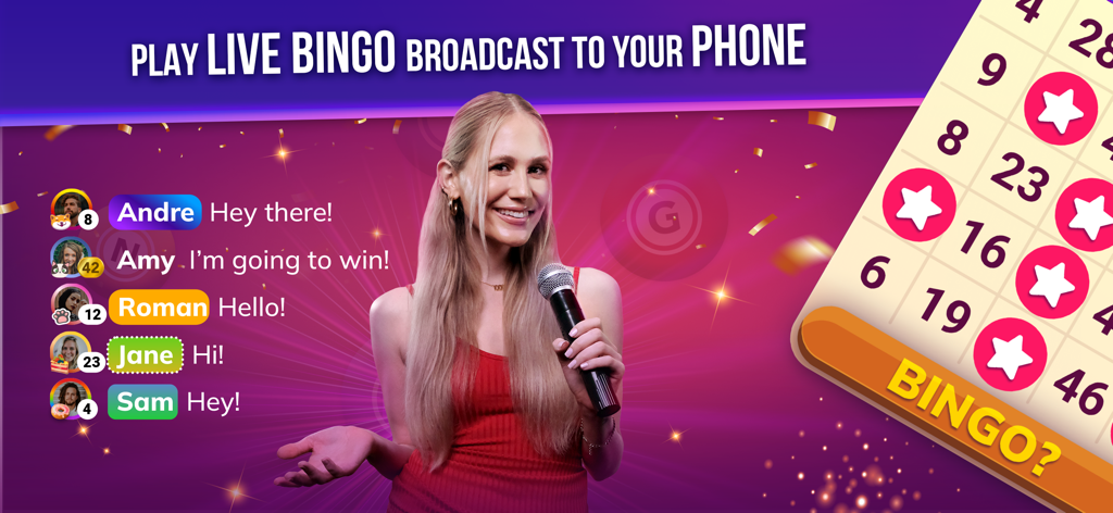 Live Play Bingo: Real Hosts! - A smiling live bingo host with real-time player chat on a mobile app interface
