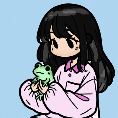 girl with long hair and a oversized shirt. and she is holding a frog