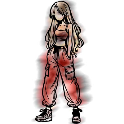 girl in baggy pants crop top and long hair