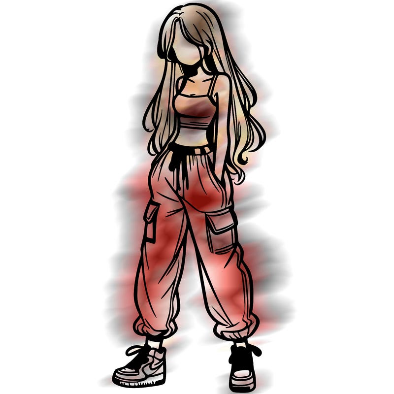 girl in baggy pants crop top and long hair