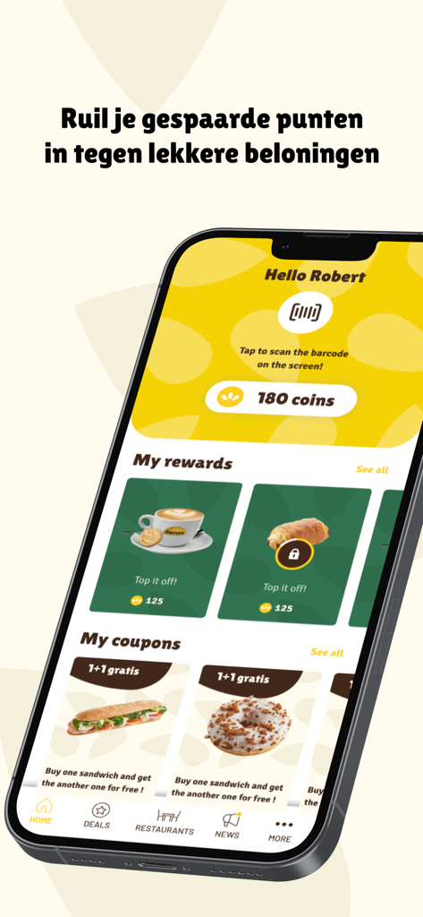 Panos - Pantalla de inicio de la app móvil Panos mostrando recompensas de puntos de fidelización y cupones de compra uno y llévate otro gratis