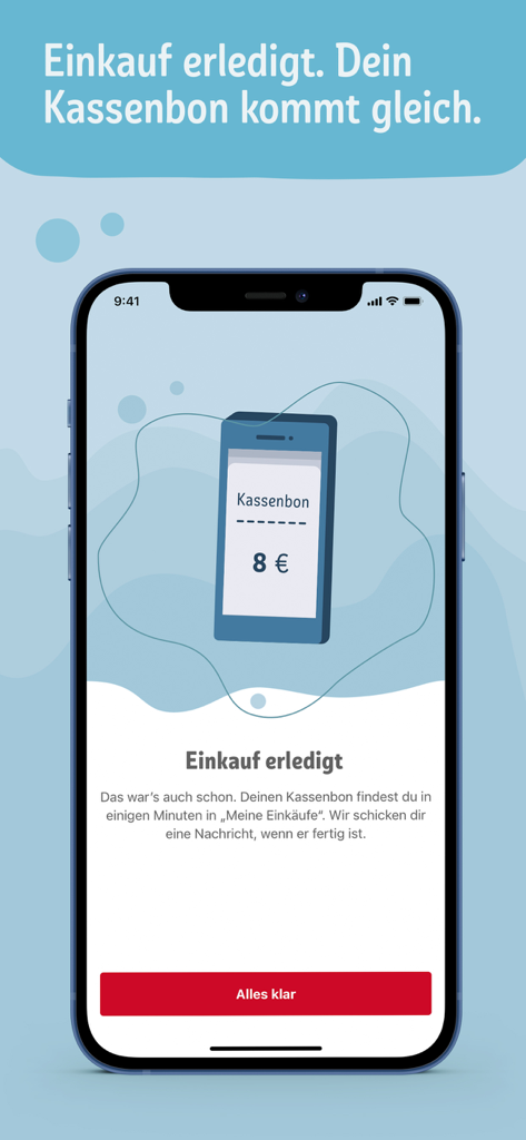 Smartphone-Bildschirm der REWE Pick und Go App, der einen abgeschlossenen Kauf mit einer digitalen Quittung bestätigt