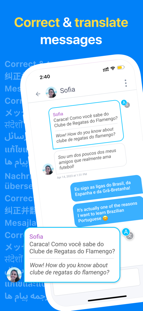 Idyoma: Language Exchange - A screenshot of the Idyoma app showing a chat conversation with built-in translation and correction features.