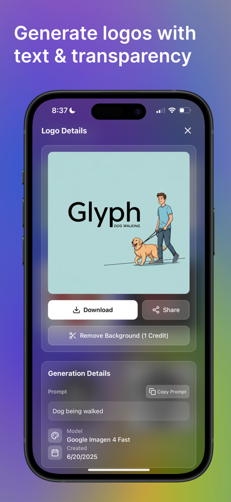 Glyph - AI Logo Generator - Interfaz de la aplicación Glyph que muestra un logo generado por IA de un perro paseando con eliminación de fondo y opciones de descarga