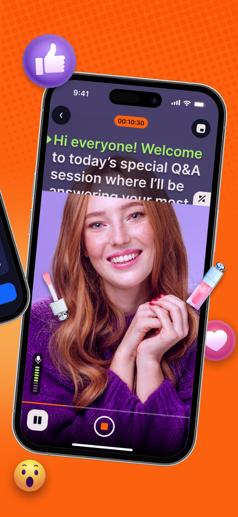 Teleprompter Video Script Pro - A woman recording a video on a smartphone using Teleprompter Video Script Pro with scrolling text overlay.