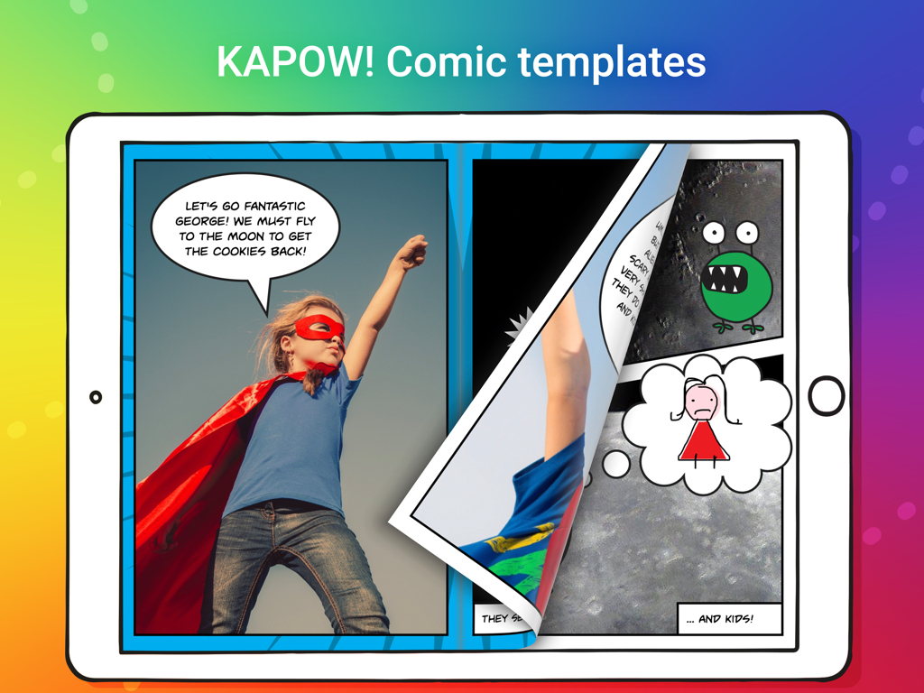 Schermata iPad che mostra l'app Book Creator One con un modello di fumetto con un bambino supereroe e fumetti