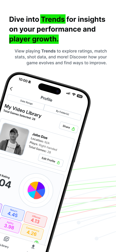 Schermata dell'app PB Vision che mostra il profilo del giocatore e metriche di prestazione come agilità e costanza.