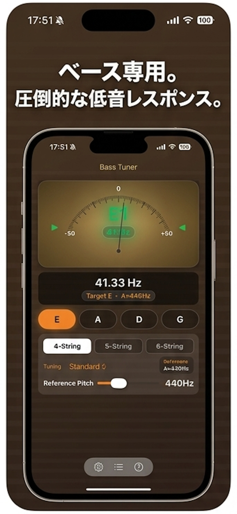 Bass Tuner -プロフェッショナル・ベースチューナー - Una aplicación profesional de afinador de bajo con un medidor analógico vintage de veta de madera y pantalla de frecuencia digital en un smartphone.