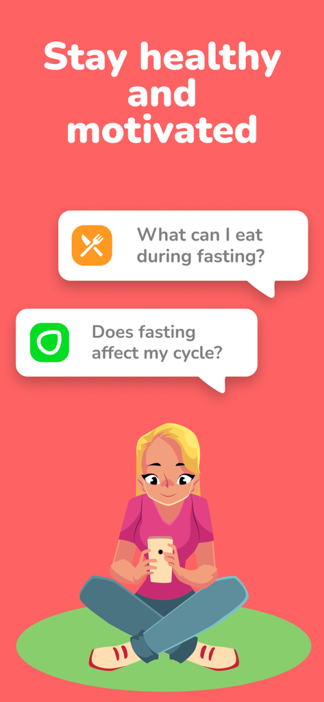 Intermittent Fasting Tracker! - Una ilustración de una mujer usando una aplicación de rastreo de ayuno con preguntas de salud y texto motivacional