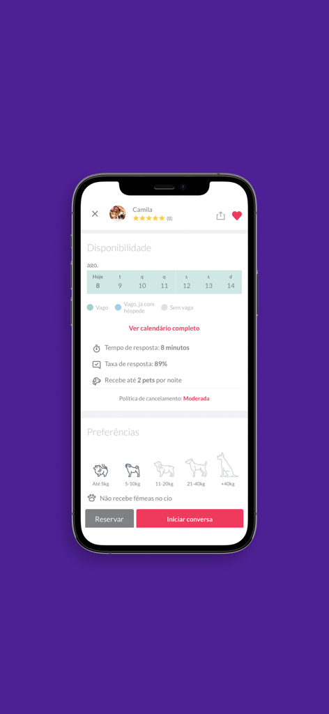 Perfil de cuidador de mascotas en la aplicación DogHero que muestra el calendario de disponibilidad y las preferencias de tamaño de mascota
