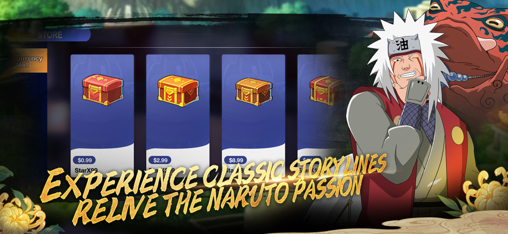 Naruto Ninja Spirit in-game store featuring Jiraiya and various treasure chest bundles for purchase