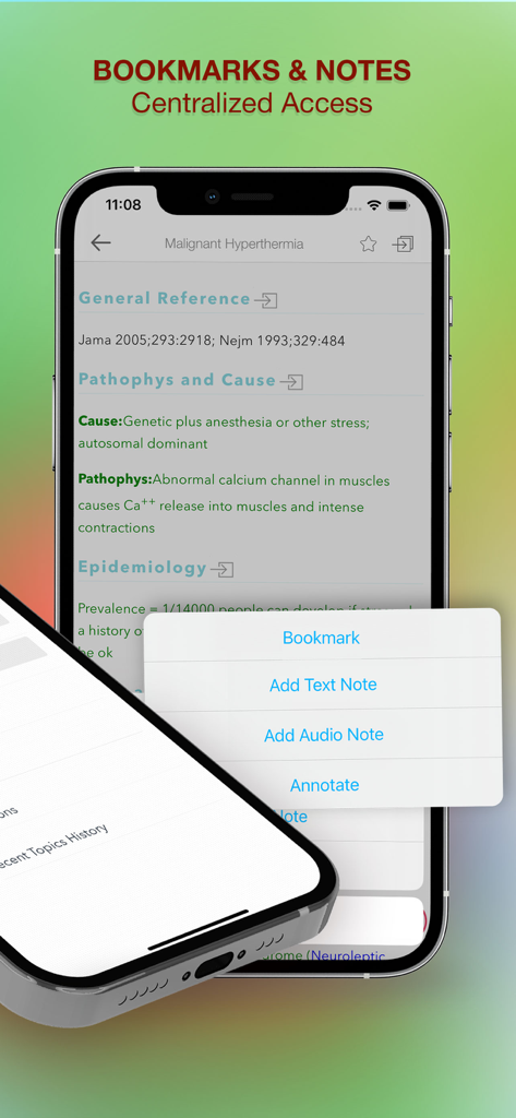 Nursing Essentials mobile app interface showing bookmarks and notes feature on a medical reference page
