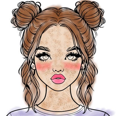 realistic girl with two buns in hair and lips
