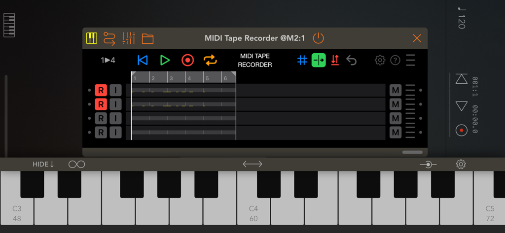 AUM - Audio Mixer - Interfaccia di AUM Audio Mixer che mostra un registratore a nastro MIDI con vista multitraccia e una tastiera piano virtuale.