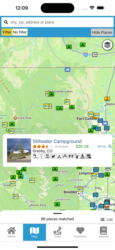Map view in the RV Parky app featuring Stillwater Campground details and nearby RV-friendly locations in Colorado