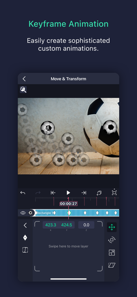 Keyframe animation interface in Alight Motion showing motion paths for a soccer ball video project